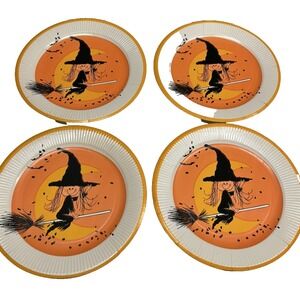 1960s Halloween Party Plates Set Of 4 - 9 Inch Diameter. Cute Witch Broom orange